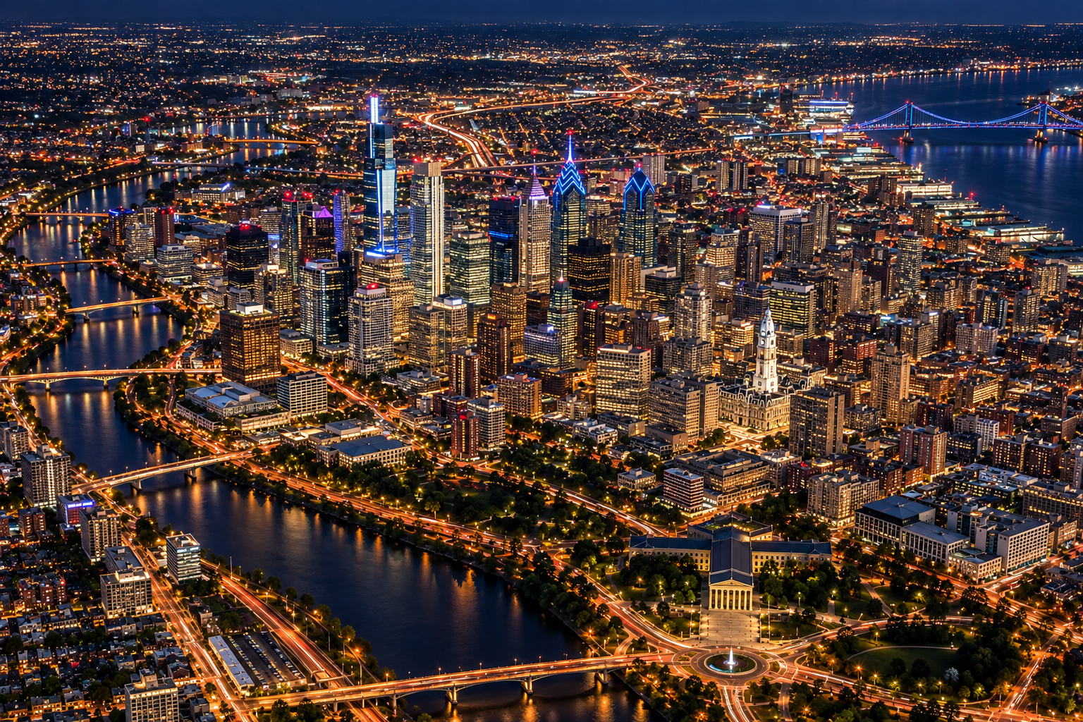 Philadelphia after dark, a city of individual lights forming a larger whole